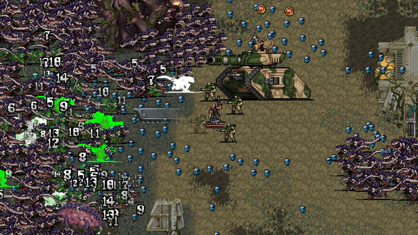 A tank and rifle-carrying figures face a dense mass of creatures, with blue pickups across the battlefield.