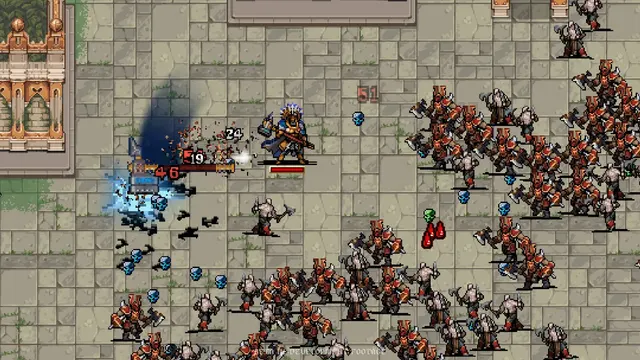 Armoured champion on stone tiles with an enemy formation approaching from the right