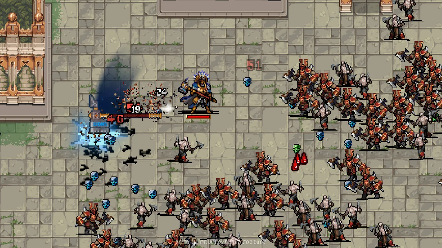 A gold-armoured figure fights on a tiled floor, surrounded by enemies and blue pickups.