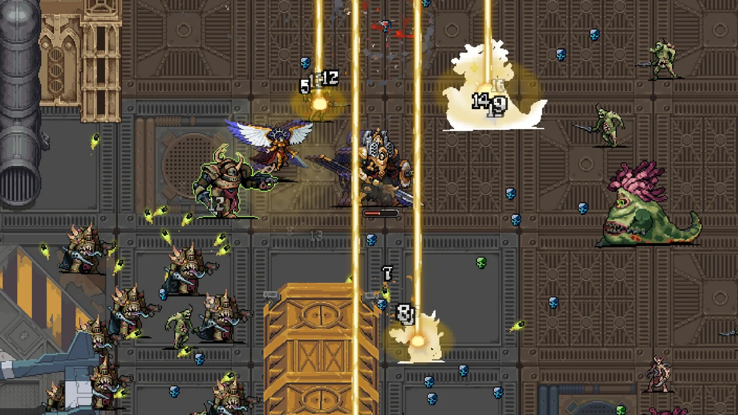 Armoured figures fight green creatures in an industrial corridor beneath vertical golden strikes.